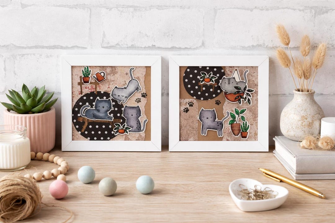 Mini Cat Picture Frame Set of 2 Mini Cat Art, Framed Kitties With Plants, Neutral Nursery ...