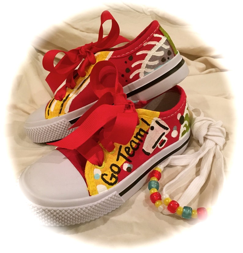 handmade hand painted painted shoes girls shoes size 9 cheerleader shoes red shoes cheer shoes spirit shoes multicolored