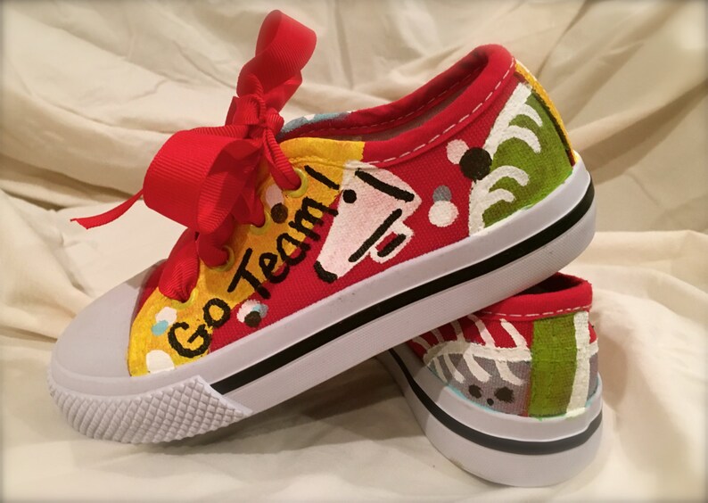 handmade hand painted painted shoes girls shoes size 9 cheerleader shoes red shoes cheer shoes spirit shoes multicolored