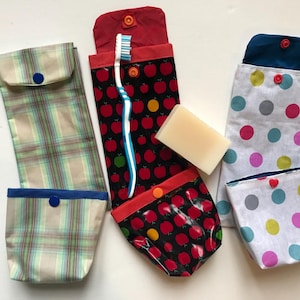 Waterproof travel set, soap pouch and toothbrush case with snap closure. Toiletries accessories.