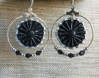 Black earrings in folded coffee capsules. Small creoles and glass beads.