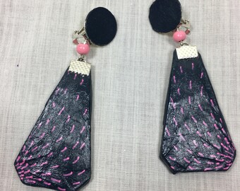 Clip on earrings with navy and pink pendant in light cardboard. For women.