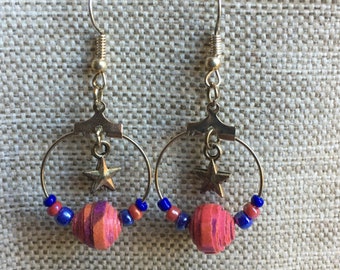 Small pink and blue creole earrings. Rolled paper bead.