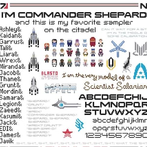 以下が含まれることがあります： マスエフェクトのビデオゲームシリーズのキャラクターと宇宙船をフィーチャーした、ピクセルアートのクロスステッチパターン。パターンには、「私はコマンダーシェパードであり、これはシタデルで私のお気に入りのサンプラーです。」と「私はサレリアンの科学者の完璧なモデルです。」というテキストが含まれています。