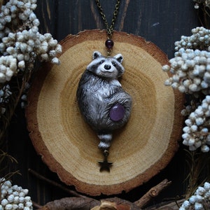 Polymer Clay Raccoon Necklace: Chonky Moon Pendant, Raccoon Totem
