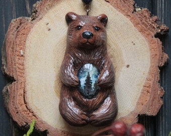 Hand-Painted Polymer Clay Bear Necklace, Aurora Borealis Charm