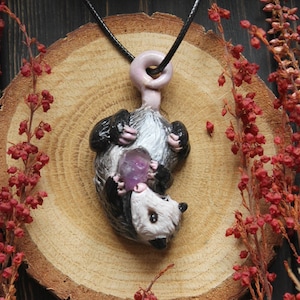 Possum Necklace: Polymer Clay Opossum Pendant with Amethyst