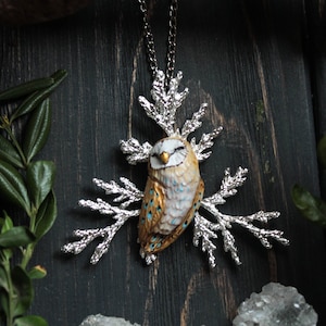 Barn Owl Necklace: Hand Sculpted Polymer Clay Pendant with Juniper