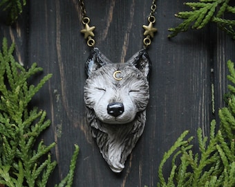 May include: A silver wolf head pendant necklace with a crescent moon and stars on a brown chain. The necklace is displayed against a dark wood background with green foliage.