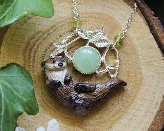 Handmade Otter Necklace: Polymer Clay Animal Pendant with Aventurine