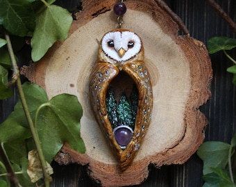 Collar de lechuza común: dije de bosque pintado a mano con amatista