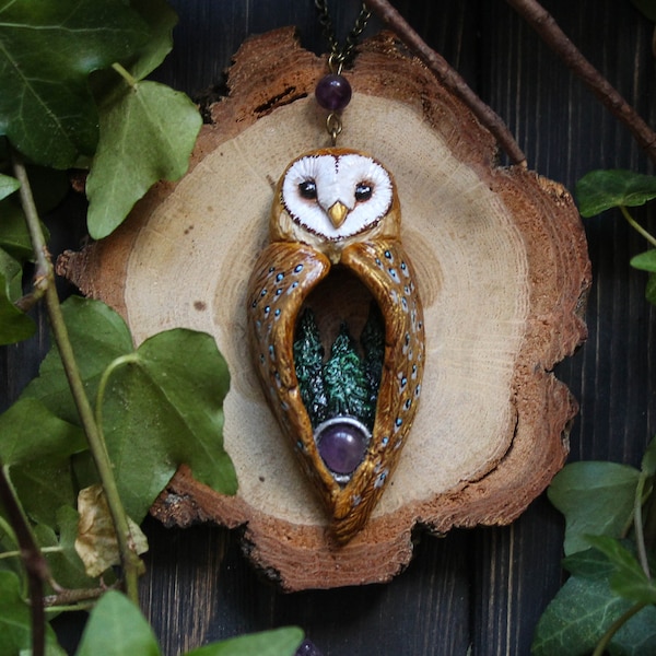 Barn Owl with Amethyst Necklace, Barn Owl Charm, Witch Mystic Owl Necklace, Owl Totem Necklace, Magic Owl Pendant, Fantasy Owl Necklace