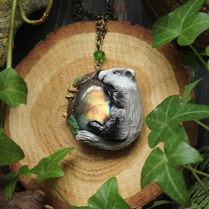 Badger Labradorite Necklace, Badger Totem Pendant, Forest Animal Charm