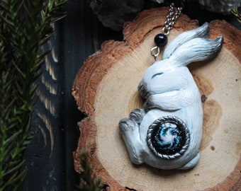 White Hare Celestial Necklace Polyurethane Clay Bunny Jewelry, Mystic Hare Charm Nebula Hare Pendant, Moon Witch Hare, Starry Rabbit Jewelry