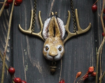 Jackalope Pendant, Wolpertinger Necklace, Horned Rabbit Jewelry, Witch Hare Amuleth