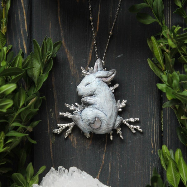 White Moon Hare Necklace, Polymer Clay Bunny Jewelry, Mystic Rabbit Charm, Hare Totem Jewelry