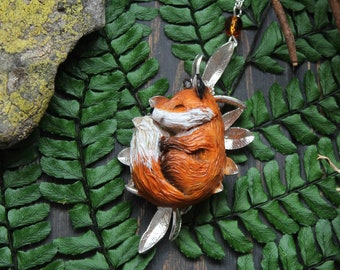Sleeping Fox Pendant: Polymer Clay Woodland Necklace