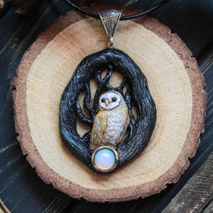 Barn Owl Opalite Necklace: Polymer Clay Fantasy Pendant