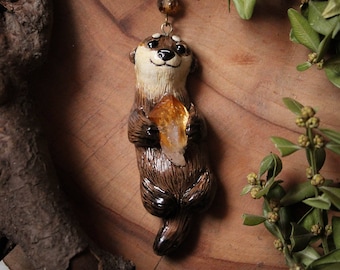 Otter Necklace: Citrine Spirit Charm, Polymer Clay Animal Jewelry