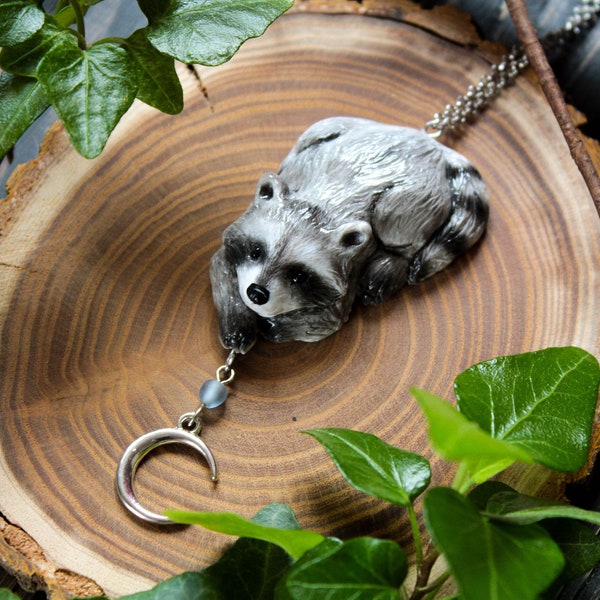 Raccoon Necklace, Raccoon Moon Pendant, Raccoon Charm, Raccoon Totem Jewelry