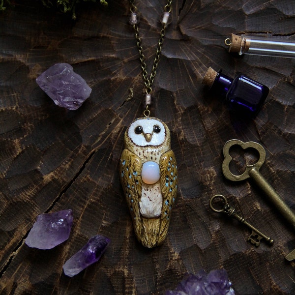 Barn Owl with Opalite Necklace, Barn Owl Charm, Witch Mystic Owl Necklace, Owl Totem Necklace, Magic Owl Pendant, Fantasy Owl Necklace