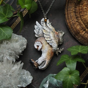 Flying Barn Owl Necklace, Barn Owl Hunting Charm, Witch Mystic Owl Necklace, Owl Spirit Necklace, Magic Owl Pendant, Fantasy Owl Necklace