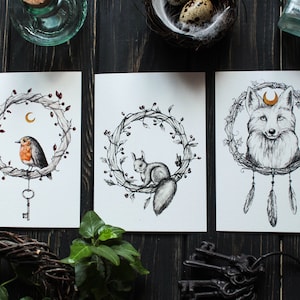 Ensemble de couronnes d’animaux de 8 estampes d’art A6, Woodland Forest Habitants Postcards Set, Witchy Animals Art Print