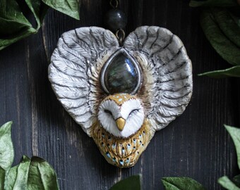 Owl Necklace with labradorite, Witch Owl Charm, Barn Owl Amulet, Owl Totem Necklace, Fairy Owl Jewelry