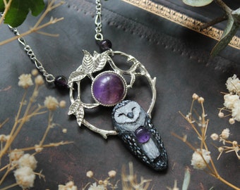 Grey Barn Owl Amethyst necklace, Barn owl Jewelry, Owl Spirit Charm, Witchy Owl Pendant