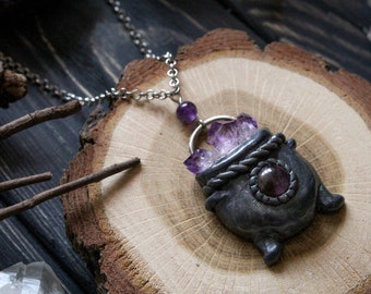 Witch Cauldron Amethyst Necklace, Wizard Cauldron Charm, Wiccan Jewelry, Halloween Witch Necklace, Alchemy Cauldron Pendant