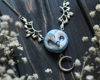 Blue Barn Owl Necklace, Barn Owl Charm, Bird Jewelry, Witchy Owl Pendant, Owl Spirit Charm