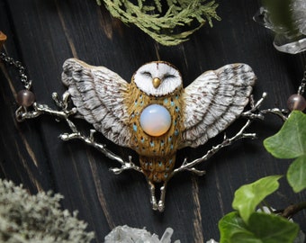 Barn Owl Opalite Necklace: Polymer Clay Witchy Pendant