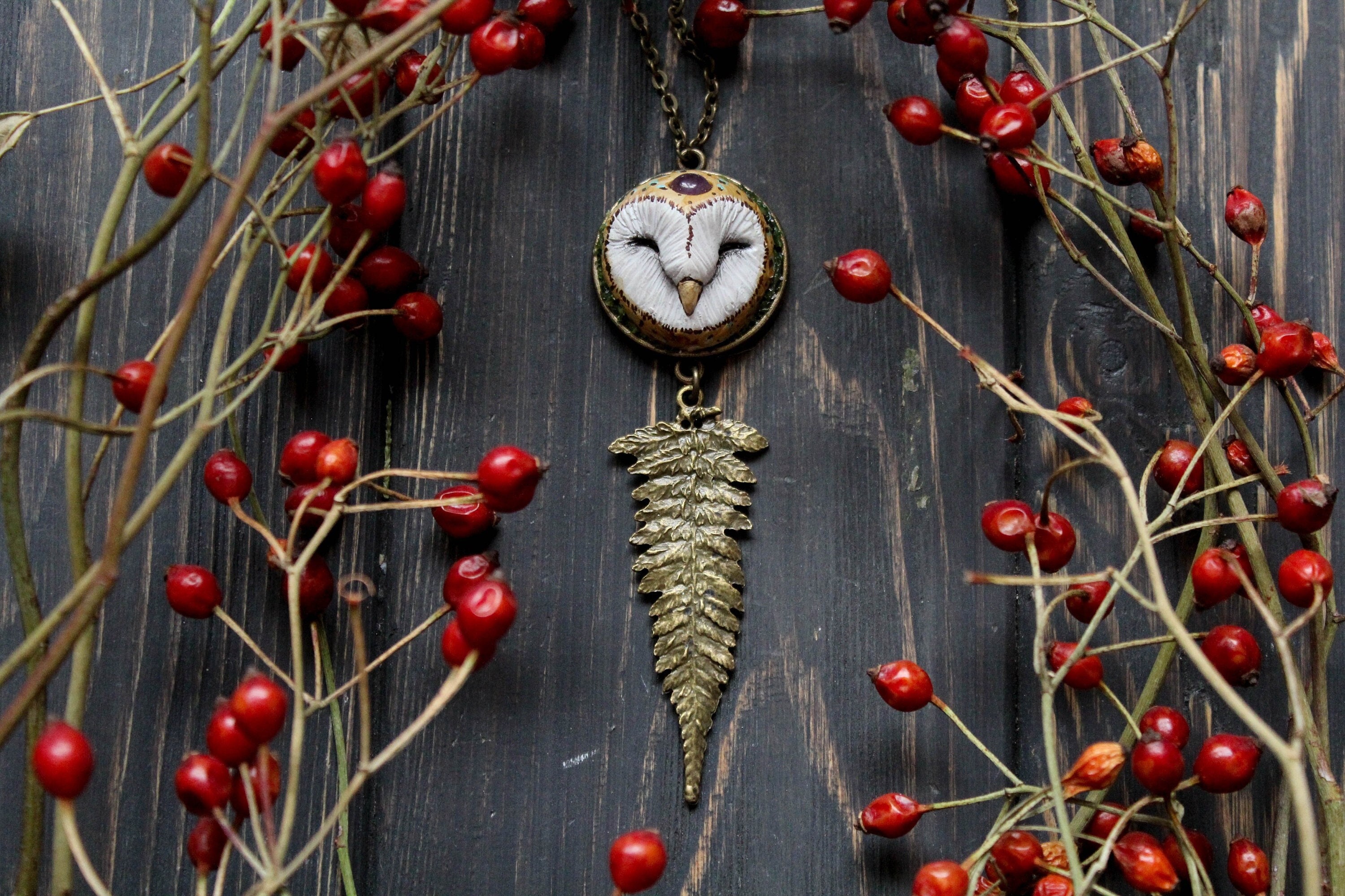 Barn Owl Amethyst Necklace: Polymer Clay Forest Witch Pendant