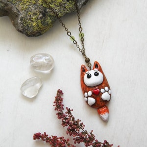 Cute Fox Necklace, Polymer Clay Foxy Pendant, Fox Heart