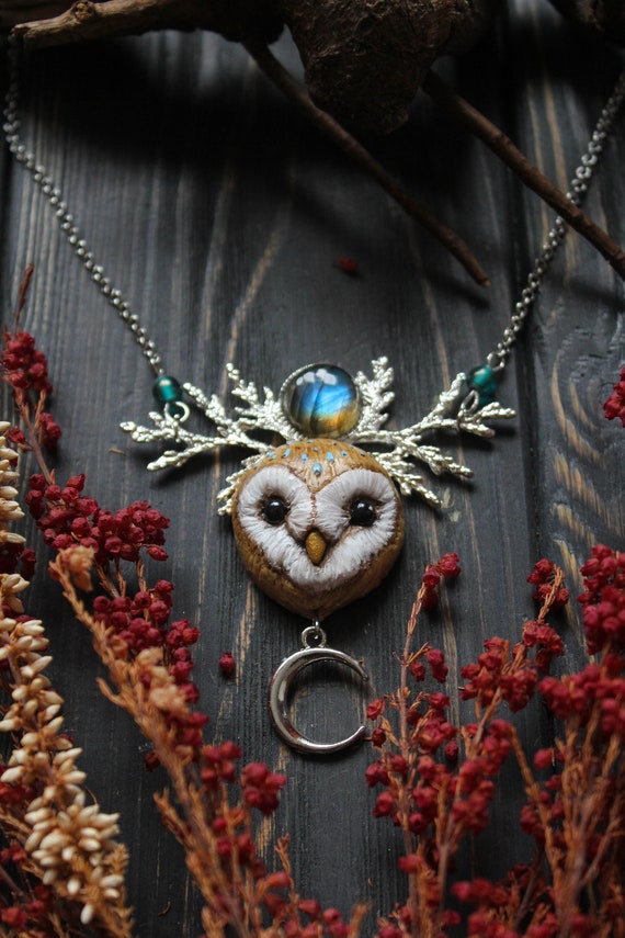 Barn Owl Necklace: Polymer Clay Pendant, Labradorite, Juniper