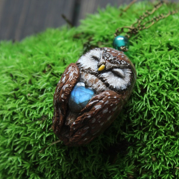Boreal Owl With Juniper Necklace, Witch Owl Charm, Wicca Owl Necklace, Bird Jewelry, Magic Owl Pendant, Fantasy Owl Charm, Athene Noctua