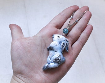 Hare Celtic Necklace, Wicca Hare Charm, Blue Bunny Necklace, Hare Celtic Knot, Animal Witch Amulet, Cute Hare Jewelry, Moon Hare Charm,