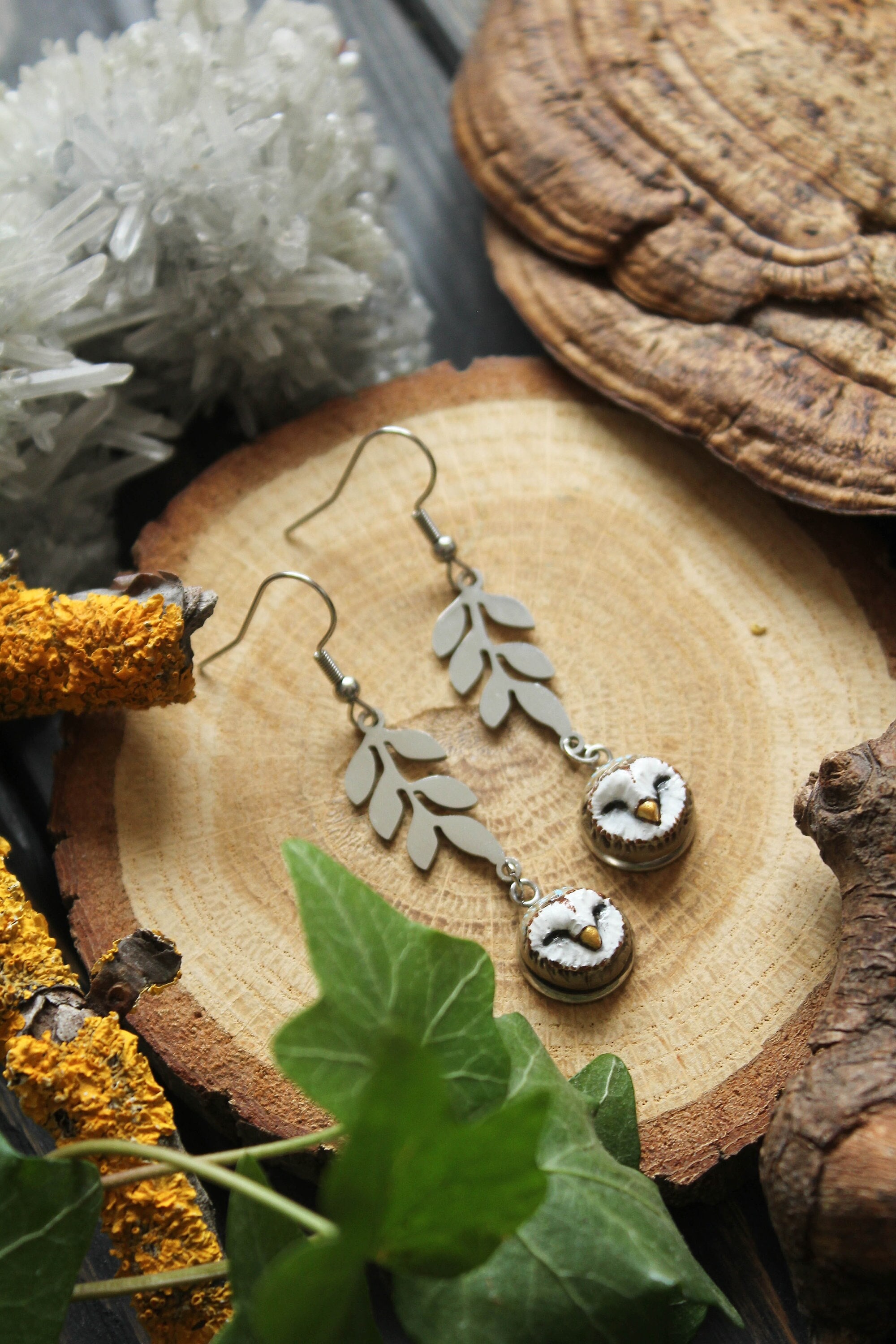 Barn Owl Dangle Earrings: Polymer Clay Bird Jewelry with Metal Leaves