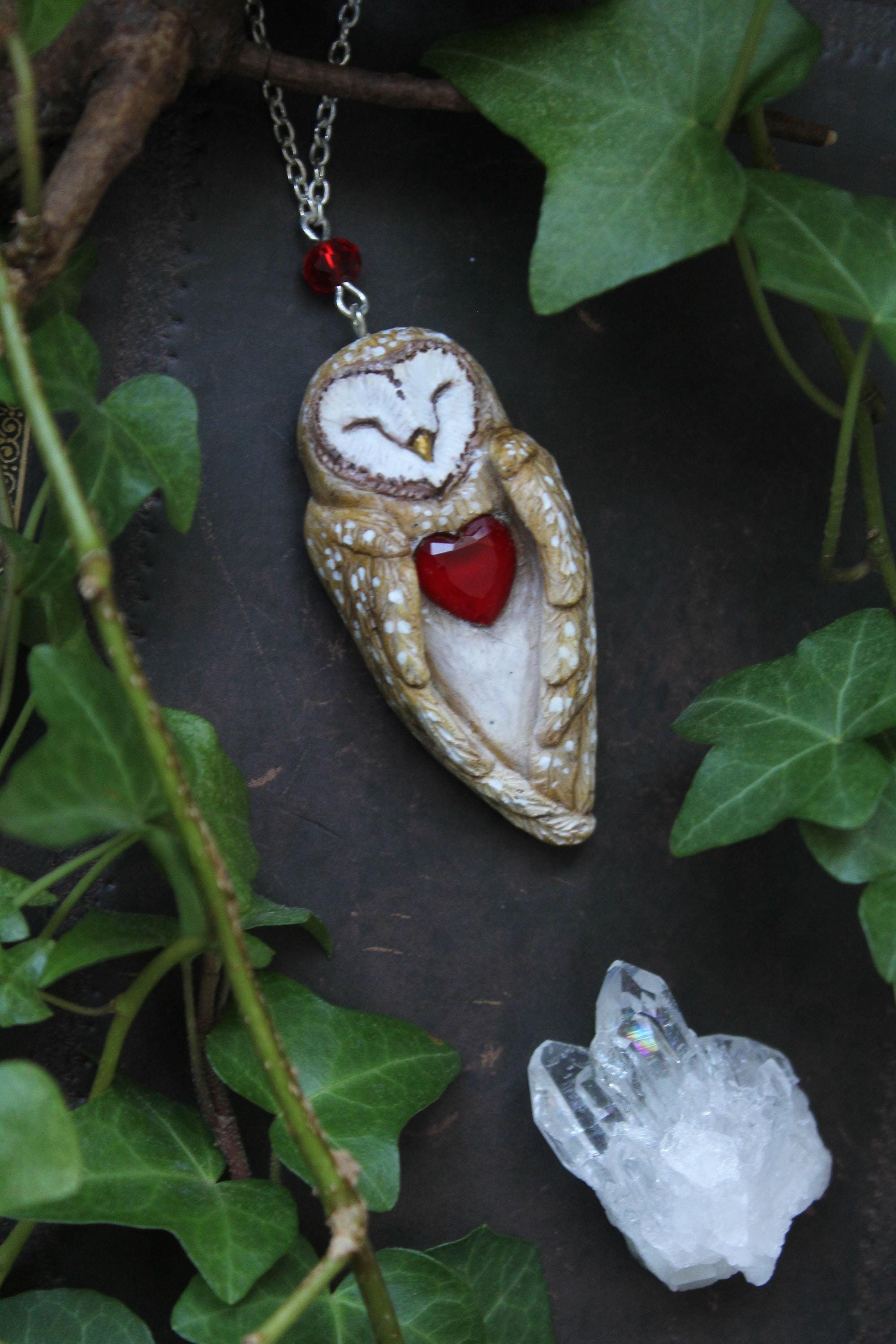 Barn Owl Necklace: Polymer Clay Pendant with Red Heart
