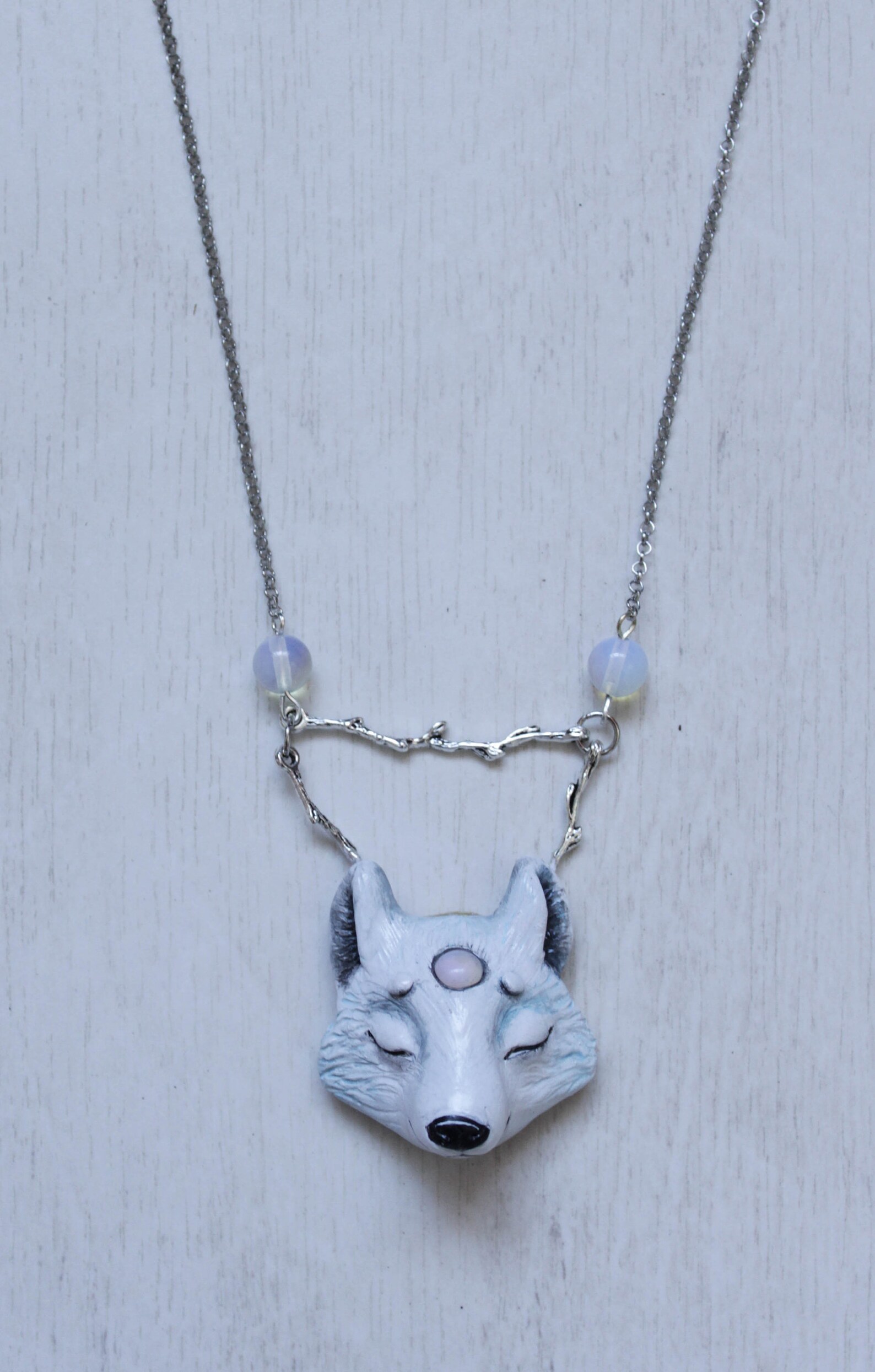 White Wolf Necklace Moonstone Wolf Charm Witch Wolf Jewelry Etsy