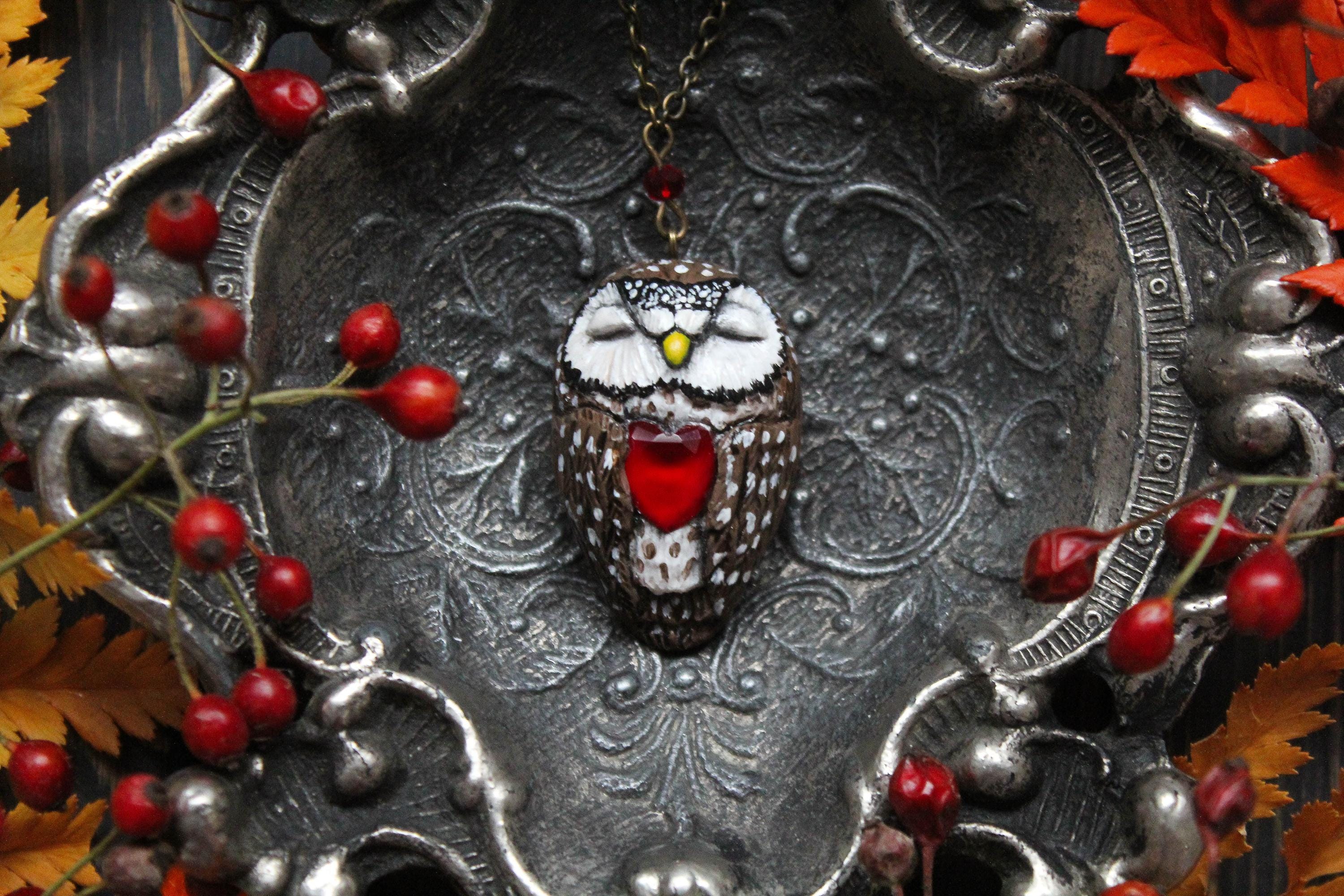 Boreal Owl With Glass Heart Necklace, Witch Owl Charm, Wicca Owl Necklace, Bird Jewelry, Athene Noct