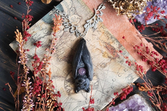 Polymer Clay Bat Necklace: Gothic Amethyst Pendant, Handmade Jewelry