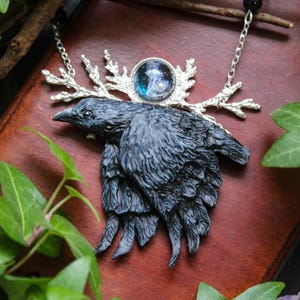 Gothic Raven Necklace: Polymer Clay Crow Pendant, Fantasy Bird Jewelry
