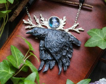 Gothic Raven Necklace: Polymer Clay Crow Pendant, Fantasy Bird Jewelry