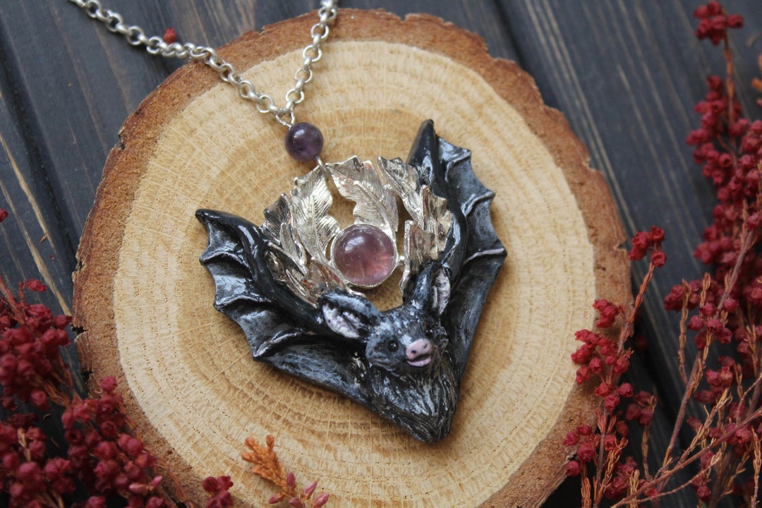 Bat Necklace: Gothic Amethyst Pendant, Witchy Halloween Charm - Etsy