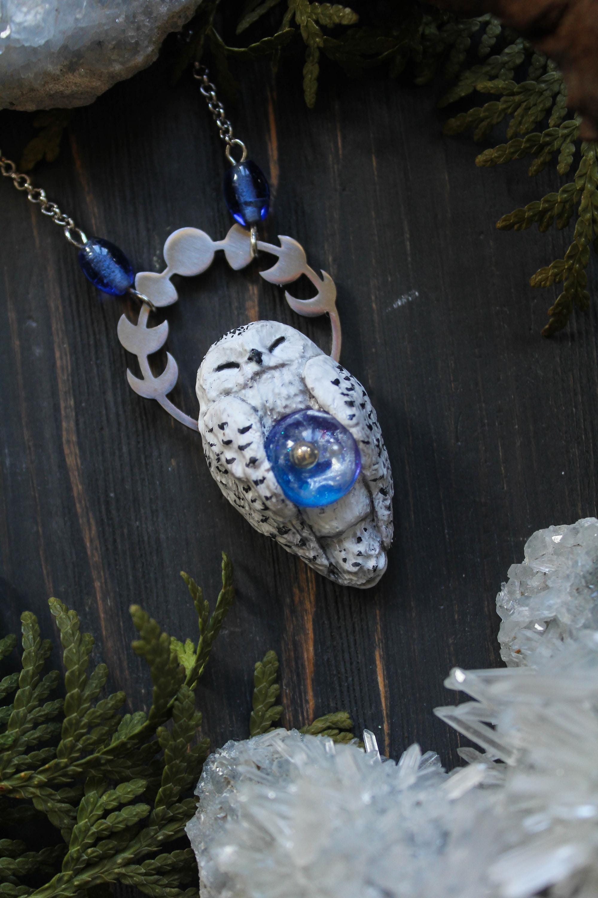 Hand-sculpted Snowy Owl Pendant Necklace, Galaxy Glass Cabochon, Woodland Fantasy Jewelry