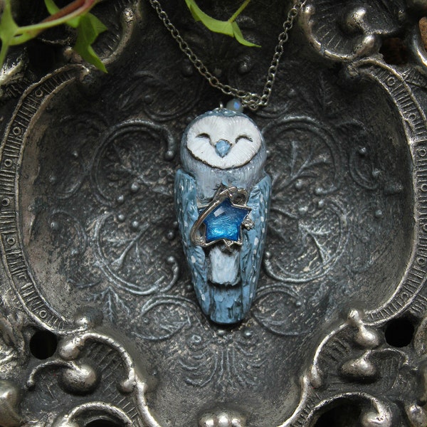 Starry Barn Owl Necklace, Witchy barn owl charm, Blue Owl Spirit Jewelry, Owl with a Star Charm