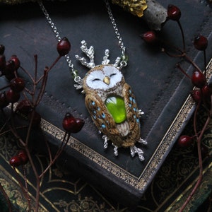 Barn Owl Necklace: Polymer Clay Pendant, Green Cabochon, Wiccan Charm