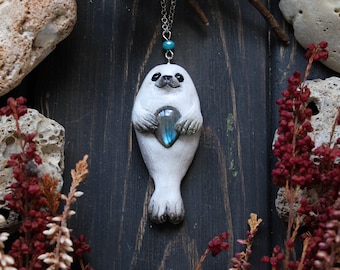 Handmade Polymer Clay Seal Pup Necklace with Labradorite