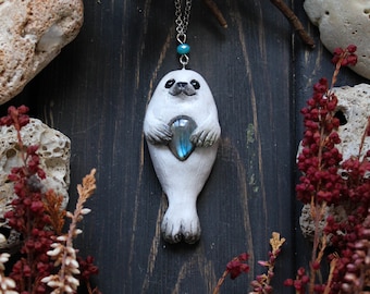 Harp Seal Pup Necklace, Baby Seal Charm, Seal Totem Jewelry, Selkie Mythology Pendant